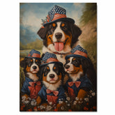 Patriotic Bernese Mountain Dog Mother and Three Puppies in Stars and Stripes Hats with a Scenic Mountain Background on Ready to Hang 1.5" Thick Canvas Wrap, Floating Framed Canvas, Flat Rolled Canvas